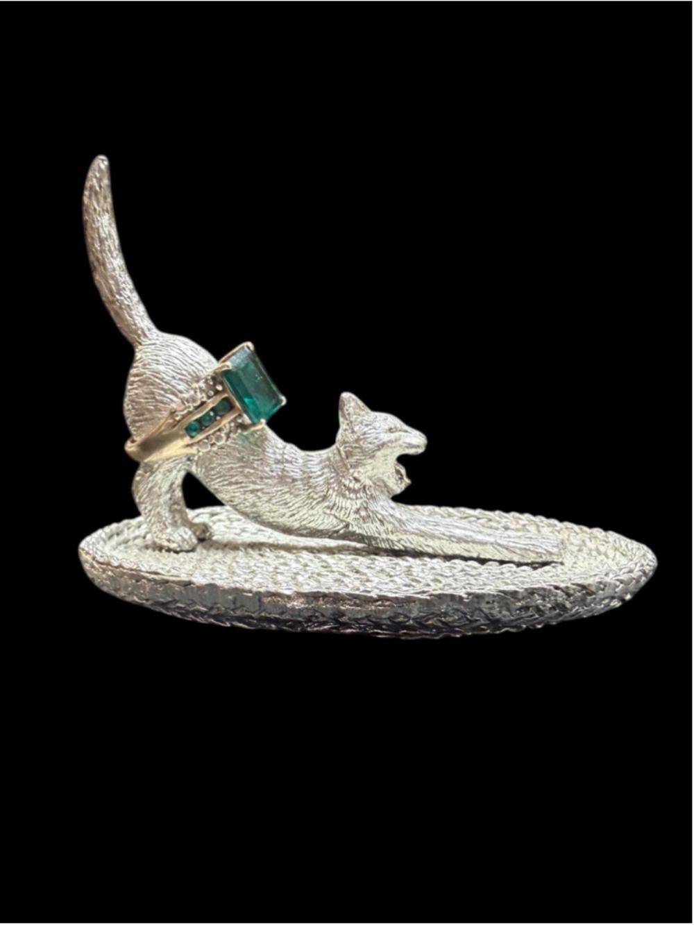 Vintage 1998 Pewter Cat Ring Holder Trinket Dish Stretching Cat Vanity Catchall